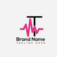 Medicine Logo On Letter T Template. Medical Icon On T Letter, Initial Heart Beats, Health Sign Concept vector