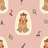 Hand drawn cheerful capybara seamless pattern in doodle style. Perfect print for tee, paper, textile and fabric. vector