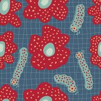 Rafflesia flowers and millipedes seamless pattern on trippy grid background. Perfect print for tee, paper, textile and fabric. vector