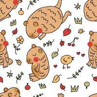 Hand drawn chibi capybaras seamless pattern in doodle style. Perfect kawaii print for tee, paper, textile and fabric. vector