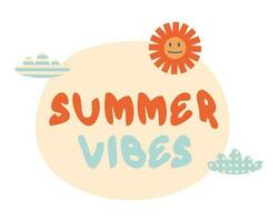 Slogan SUMMER VIBES in 1970 style with sun and clouds. Perfect retro print for tee, poster, card, sticker. vector