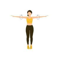mujer demuestra cómo a hacer hombro y brazo rotación. hembra ejercicio con brazo circulo postura para calentar arriba. vector plano ilustración aislado en blanco antecedentes.