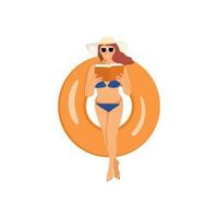 Woman sunbathing on inflatable ring in bikini. Girl reading book isolated on the white background. Sexy lady on a swimming lap in the sea. Top view. Flat vector illustration.