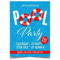 Pool party vector illustration for summer vacation entertainment. Invitation leaflet, flyer, banner or poster with inflatable swimming ring in blue pool water suitable for exotic beach event promo.