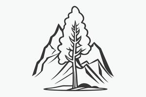 Mountain sketch, Outline Style black and white mountains and tree vector, Mountain tree icon illustration, mountain logo vector