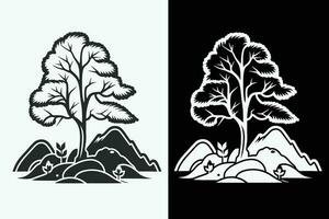 montaña bosquejo, contorno estilo negro y blanco montañas y árbol vector, montaña árbol icono ilustración, montaña logo vector