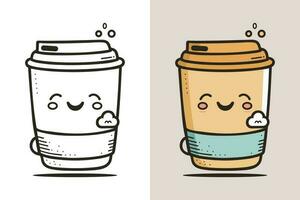 Coffee Cup Logo, Cute Coffee Cup Cartoon line art colorful Vector Illustration, Coffee cup icon design, Flat carton style, Food and drink icon