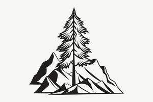 Mountain sketch, Outline Style black and white mountains and tree vector, Mountain tree icon illustration, mountain logo vector