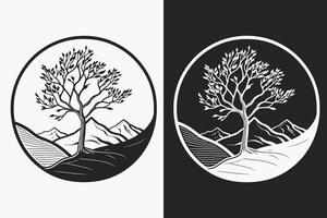 Mountain sketch, Outline Style black and white mountains and tree vector, Mountain tree icon illustration, mountain logo vector