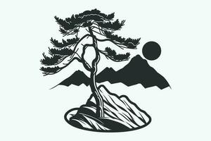 Mountain sketch, Outline Style black and white mountains and tree vector, Mountain tree icon illustration, mountain logo vector