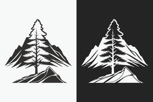 Mountain sketch, Outline Style black and white mountains and tree vector, Mountain tree icon illustration, mountain logo vector
