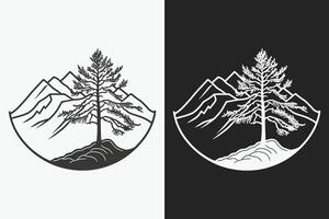 Mountain sketch, Outline Style black and white mountains and tree vector, Mountain tree icon illustration, mountain logo vector