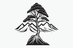 Mountain sketch, Outline Style black and white mountains and tree vector, Mountain tree icon illustration, mountain logo vector