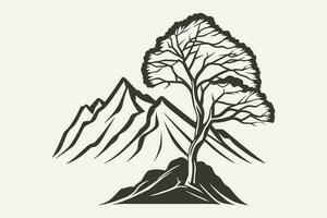 Mountain sketch, Outline Style black and white mountains and tree vector, Mountain tree icon illustration, mountain logo vector