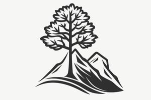 Mountain sketch, Outline Style black and white mountains and tree vector, Mountain tree icon illustration, mountain logo vector