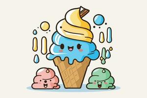 Cute Ice Cream Cartoon line art vector Icon illustration, Food drink Flat Cartoon Concept Pro Vector, Ice Cream Cartoon, Ice Cream cone, cartoon ice cream