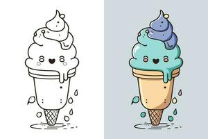 Cute Ice Cream Cartoon line art vector Icon illustration, Food drink Flat Cartoon Concept Pro Vector, Ice Cream Cartoon, Ice Cream cone, cartoon ice cream