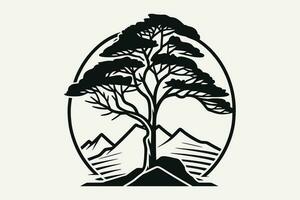 Mountain sketch, Outline Style black and white mountains and tree vector, Mountain tree icon illustration, mountain logo vector