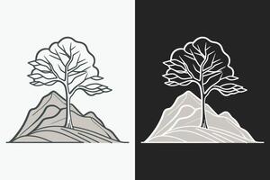 Mountain sketch, Outline Style black and white mountains and tree vector, Mountain tree icon illustration, mountain logo vector