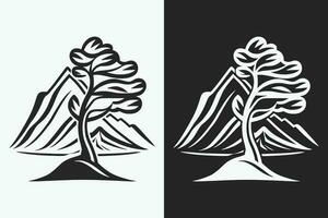 montaña bosquejo, contorno estilo negro y blanco montañas y árbol vector, montaña árbol icono ilustración, montaña logo vector