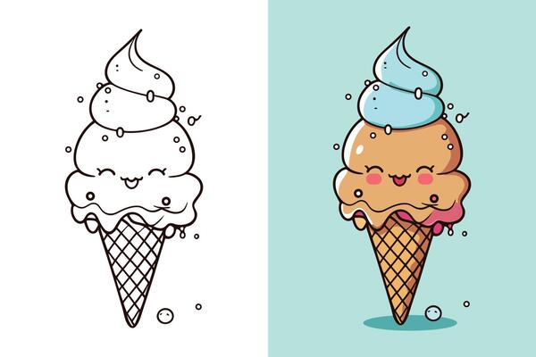 Cute Ice Cream Cartoon line art vector Icon illustration, Food drink Flat Cartoon Concept Pro Vector, Ice Cream Cartoon, Ice Cream cone, cartoon ice cream