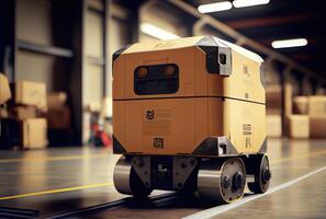 Robot AGV transporting cardboard box in warehouse background. Technology innovation and delivery concept. photo