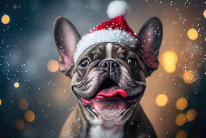 Happy French bulldog dog in Santa Claus costume and shiny bokeh background. Animal and Holiday concept. photo