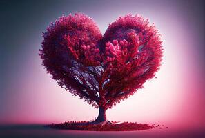 Red heart shape tree landscape with sky background. Valentines day and romance concept. Digital art illustration. photo