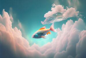 Rainbow color fish swimming in the sky with cloudy background. photo