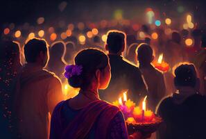 Indian crowd people in the Diwali the festival of lights in the night with candle lights fireworks and mosque background. photo