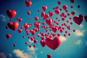 muchos rojo globo en corazón forma partículas volador en el aire con azul cielo antecedentes. san valentin día concepto. generativo ai foto