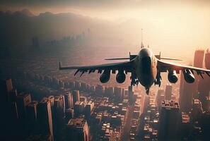 Fighter planes fly over the big city. Defensive military and world war concept. photo