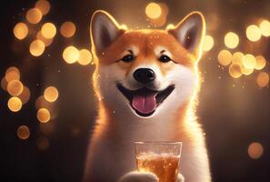 Happy Shiba Inu dog with toasted wine glass in party and golden bokeh light background. Animal and pet concept. Digital art illustration. photo