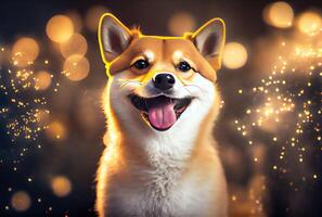 Happy Shiba Inu dog with golden bokeh light background. Animal and pet concept. Digital art illustration. photo