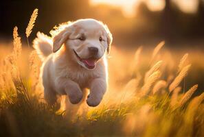 Happy cute puppet Golden Retriever dog running in the meadow on golden sunlight background. photo