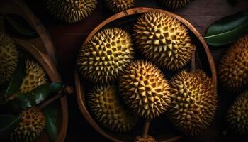 Close up of Durians in dark black background. Fresh fruit and Vegetable concept. Nutrition and vitamin theme. photo