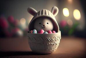 Cute rabbit bunny in the container. Magical fantasy concept. photo