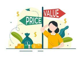 comparar precios vector ilustración de inflación en economía, escamas con precio y valor bienes en plano dibujos animados mano dibujado aterrizaje página plantillas