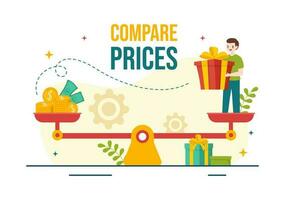 comparar precios vector ilustración de inflación en economía, escamas con precio y valor bienes en plano dibujos animados mano dibujado aterrizaje página plantillas