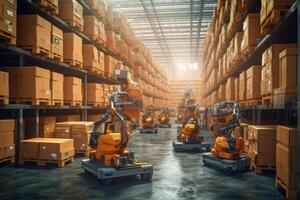 A warehouse with orange robots and boxes on the floor photo