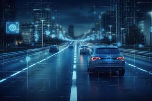 Cars driving on a highway with a city skyline in the background photo