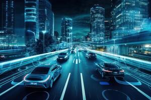 Cars driving on a highway with a city skyline in the background photo