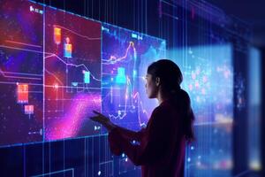 A woman looking at a futuristic screen with a cityscape in the background. photo