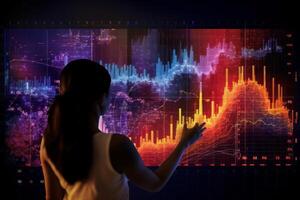 Woman in front of a large screen displaying graphs photo