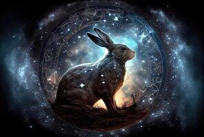 Rabbit zodiac constellation star sign and symbol in the universe with shining stars background. photo