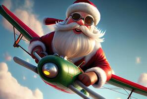 Santa Claus flying on a propeller plane above the blue sky and cloudy background. Merry Christmas and Happy new year concept. Digital art illustration. photo