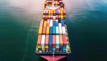 Container ship carrying container boxes import export dock with quay crane. Business commercial trade global cargo freight shipping logistic and transportation worldwide oversea concept. photo