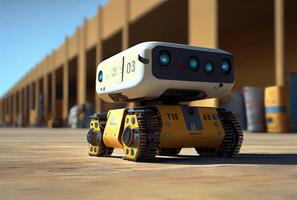 Robot AGV transporting cardboard box in warehouse background. Technology innovation and delivery concept. photo