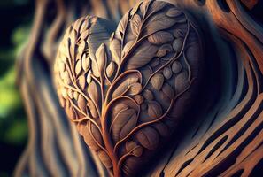 corazón forma tallado en el árbol antecedentes. belleza en naturaleza y hecho a mano concepto. digital Arte ilustración. generativo ai foto