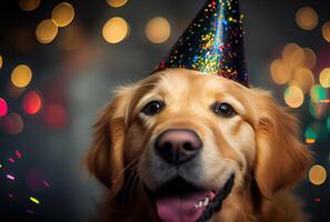 Closeup of portrait happy Golden Retriever dog wearing party hat for celebration with bokeh background. Animal and pet concept. photo